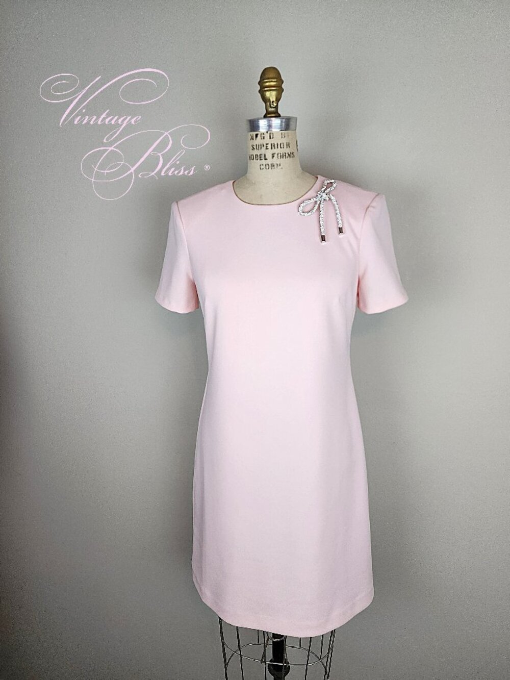 Vintage 1960's Style Pale Pink Short Sleeve Sheath Dress w/Pave Rhinestone Bow
